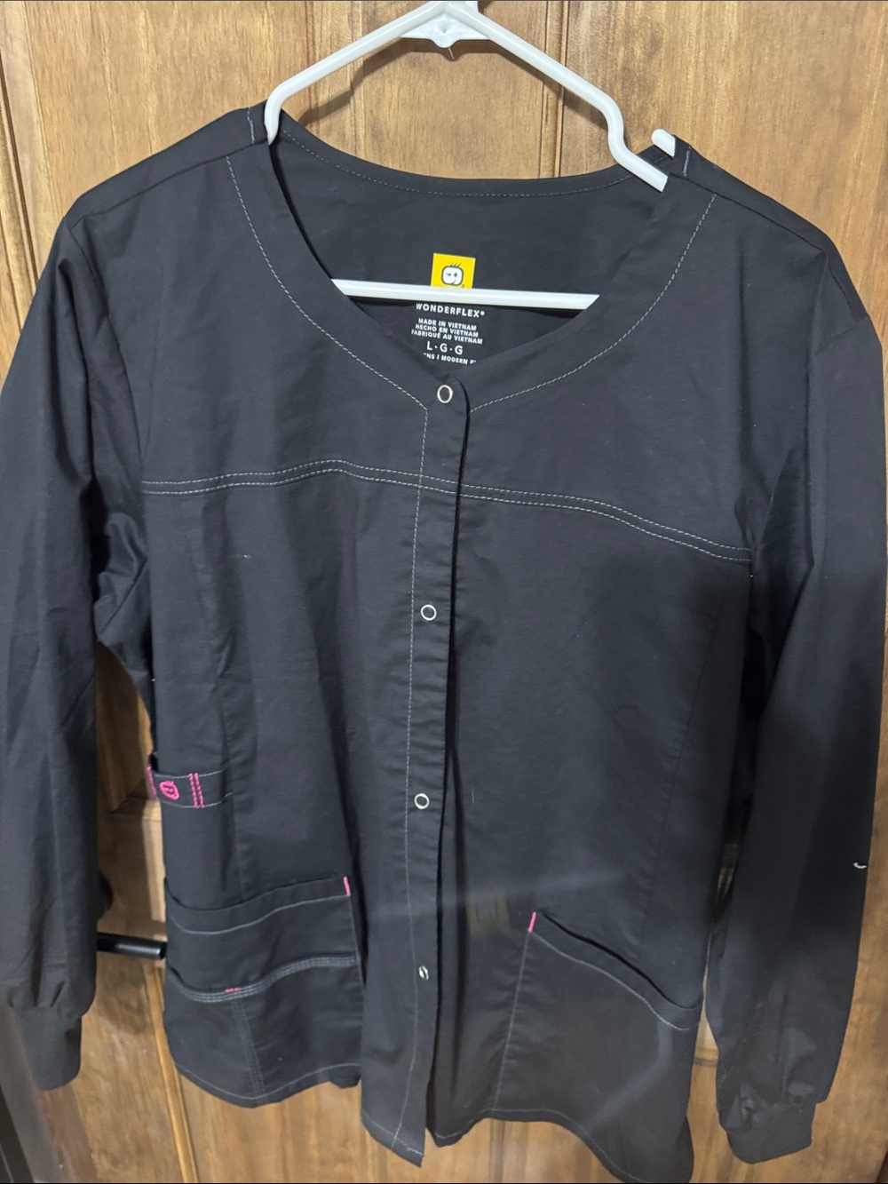 WonderWink WonderFLEX Black Snap-Front Medical Scrub Jacket with Pink Trim